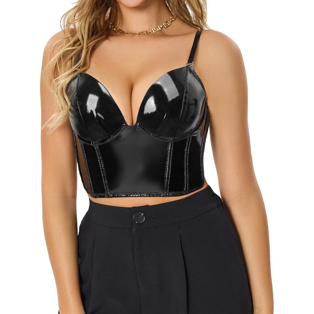 Women Black-sleek Punk Gothic PU Leather Push Up Corset Bra Bustier Crop Top